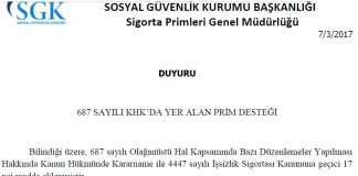 Sgk 687 khk prim destegi duyurusu