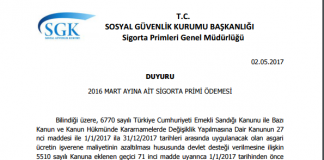 2016 MART AYINA AİT SİGORTA PRİMİ ÖDEMESİ