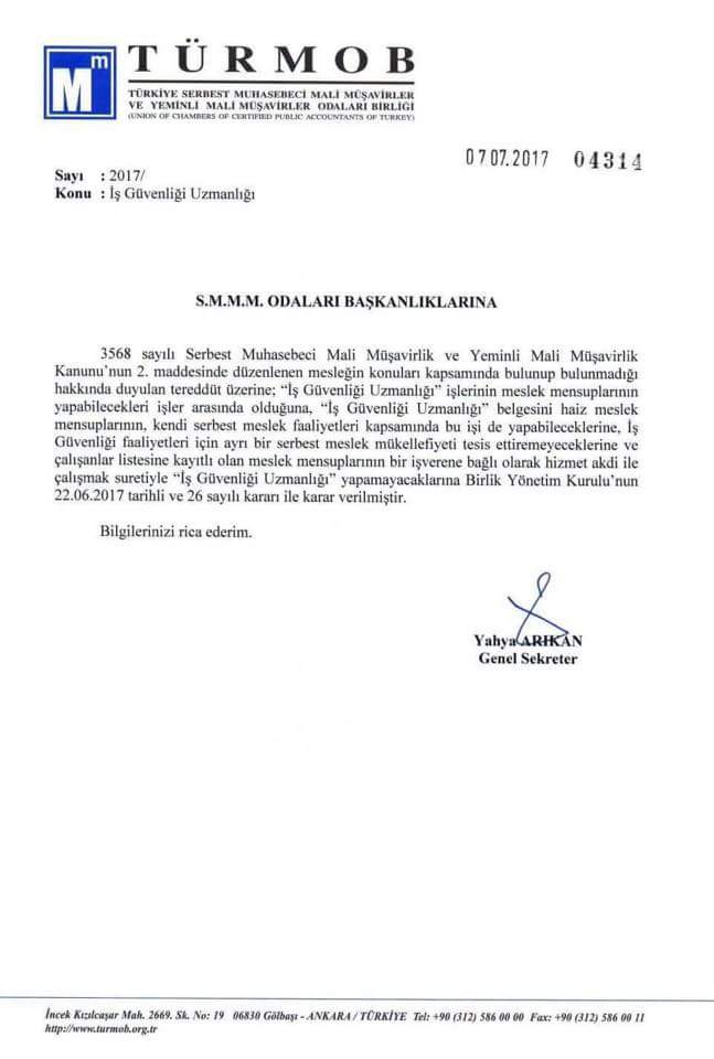 İş Güvenlik Uzmanlığı ve Mali Müşavirliğin Bir Arada Yapılabileceğine Dair Turmob Yazısı
