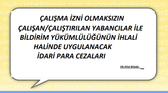 ÇALIŞMA İZNİ OLMAKSIZIN ÇALIŞAN/ÇALIŞTIRILAN YABANCILAR İLE BİLDİRİM YÜKÜMLÜLÜĞÜNÜN İHLALİ HALİNDE UYGULANACAK İDARİ PARA CEZALARI