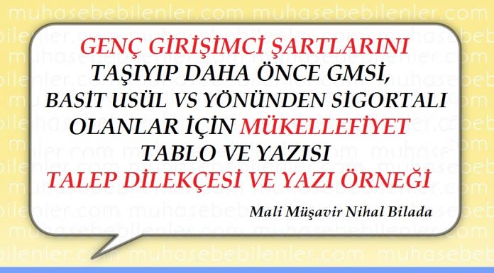 GENÇ GİRİŞİMCİ ŞARTLARINI TAŞIYIP DAHA ÖNCE GMSİ,BASİT USÜL VS YÖNÜNDEN SİGORTALI OLANLAR İÇİN MÜKELLEFİYET TABLO VE YAZISI TALEP DİLEKÇESİ VE YAZI ÖRNEĞİ