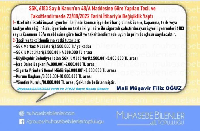 SGK, 6183 Sayılı Kanun’un 48/A Maddesine Göre Yapılan Tecil ve Taksitlendirmede 23/08/2022 Tarihi İtibariyle Değişiklik Yaptı