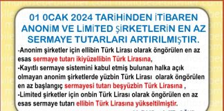 01 0CAK 2024 TARİHİNDEN İTİBAREN ANONİM VE LİMİTED ŞİRKETLERİN EN AZ SERMAYE TUTARLARI ARTIRILMIŞTIR.