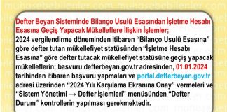 Defter Beyan Sisteminde Bilanço Usulü Esasından İşletme Hesabı Esasına Geçiş Yapacak Mükelleflere İlişkin İşlemler