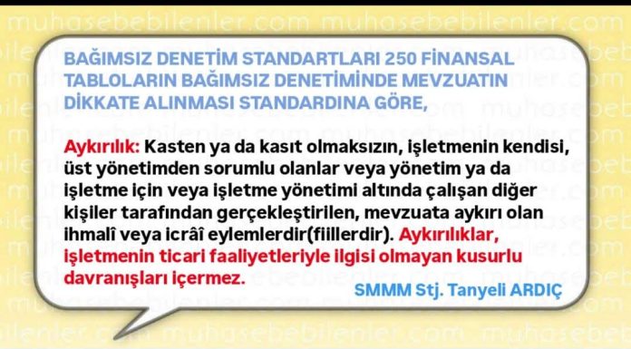 BAĞIMSIZ DENETİM STANDARTLARI 250 FİNANSAL TABLOLARIN BAĞIMSIZ DENETİMİNDE MEVZUATIN DİKKATE ALINMASI STANDARDINA GÖRE