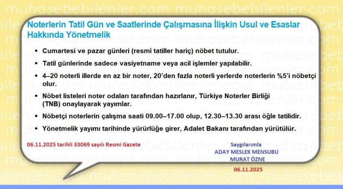 Noterlerin Tatil Gün ve Saatlerinde Çalışmasına İlişkin Usul ve Esaslar Hakkında Yönetmelik Hk.